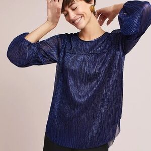 Anthropologie Moulinette Soeurs Ruffled Metallic Blue Blouse Top Size XS